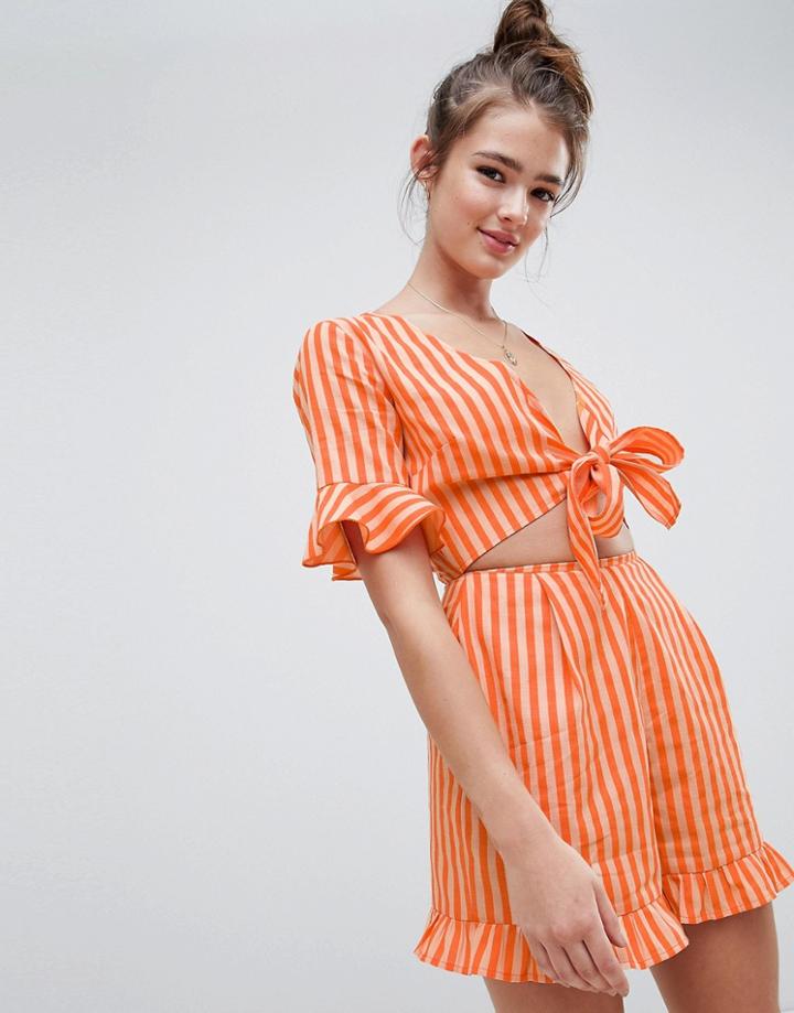 Asos Design Romper With Cut Out And Tie Detail In Linen In Stripe - Multi