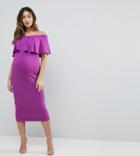 Asos Maternity Midi Bardot Pencil Dress With Ruffle - Multi