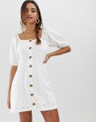 Asos Design Button Through Broderie Tea Dress-white
