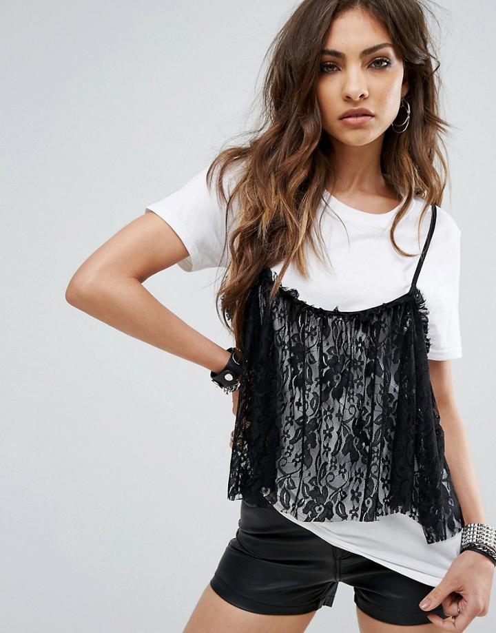 Prettylittlething Plain Eyelash Lace Oversized T Shirt - Black