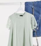 Asos Design Tall T-shirt With Lace Sleeve-green
