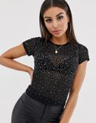 Asos Design Short Sleeve Mesh Top With Crystal Studs-black