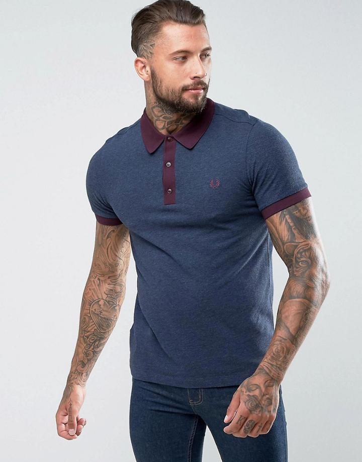 Fred Perry Slim Fit Wool Blend Polo With Contrast Collar And Textured Sleeves In Navy Marl - Navy