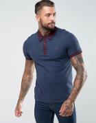 Fred Perry Slim Fit Wool Blend Polo With Contrast Collar And Textured Sleeves In Navy Marl - Navy