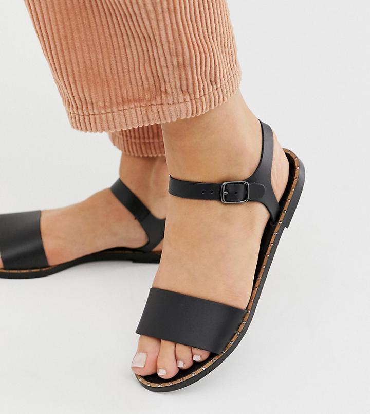 Depp Wide Fit Leather Two Part Flat Sandal In Black - Black
