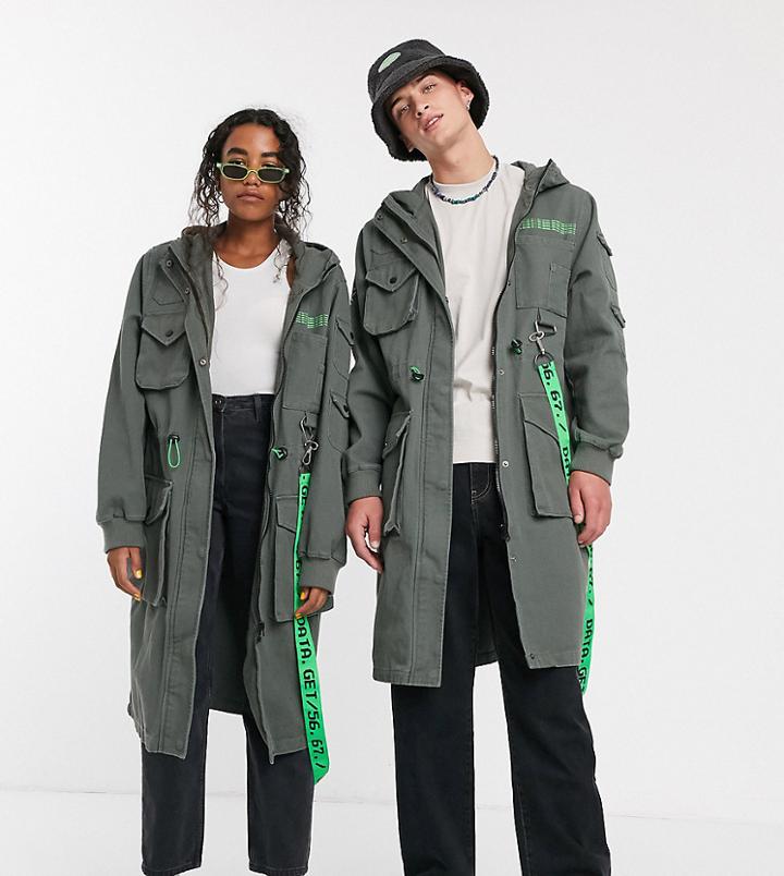 Collusion Unisex Printed Longline Canvas Jacket In Khaki-black