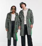 Collusion Unisex Printed Longline Canvas Jacket In Khaki-black