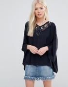 Vila Blouse With Crochet Neck And Tassels - Navy