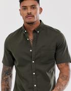 Asos Design Stretch Slim Denim Shirt In Khaki-green