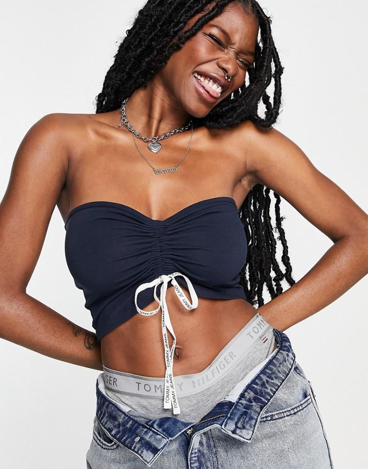 Tommy Jeans Ruched Cropped Cami With Logo Straps In Navy
