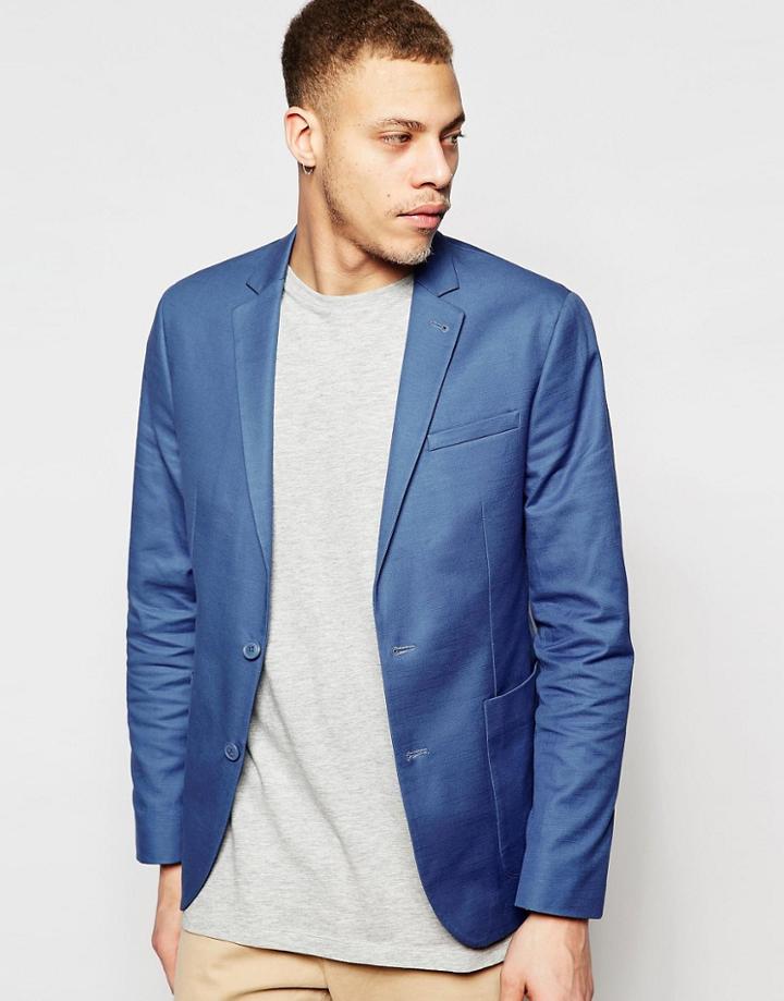Asos Slim Blazer In Blue Washed Cotton - Denim Blue