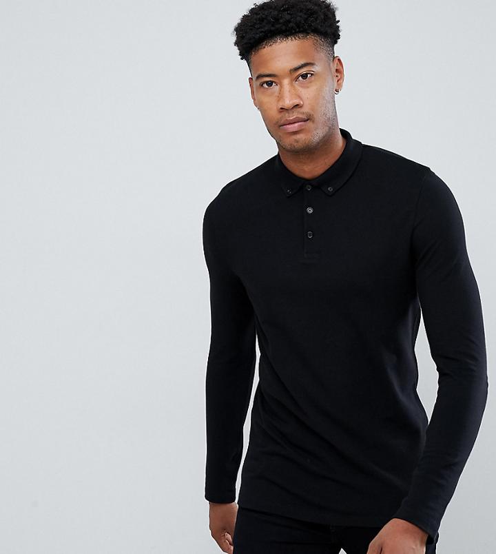 Asos Design Tall Long Sleeve Pique Polo With Button Down Collar In Black - Black