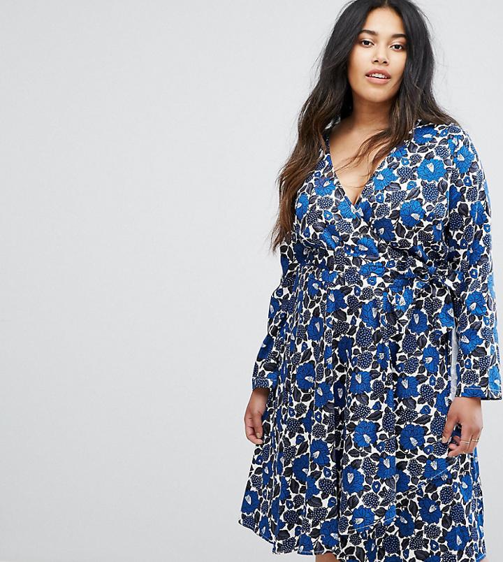 Uttam Boutique Plus Floral Print Wrap Front Dress - Navy