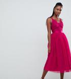 Asos Design Tall Lace Top Tulle Midi Prom Dress With Ribbon Ties-pink
