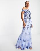 Goddiva Off Shoulder Embroidered Maxi Dress With Fishtai In Powderblue-blues