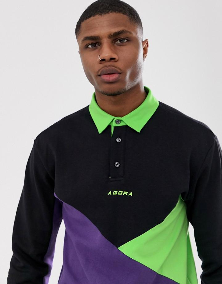 Agora Rugby Polo Shirt With Contrast Panelling - Black