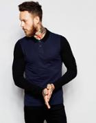 Asos Long Sleeve Pique Muscle Polo With Contrast In Navy - Navy