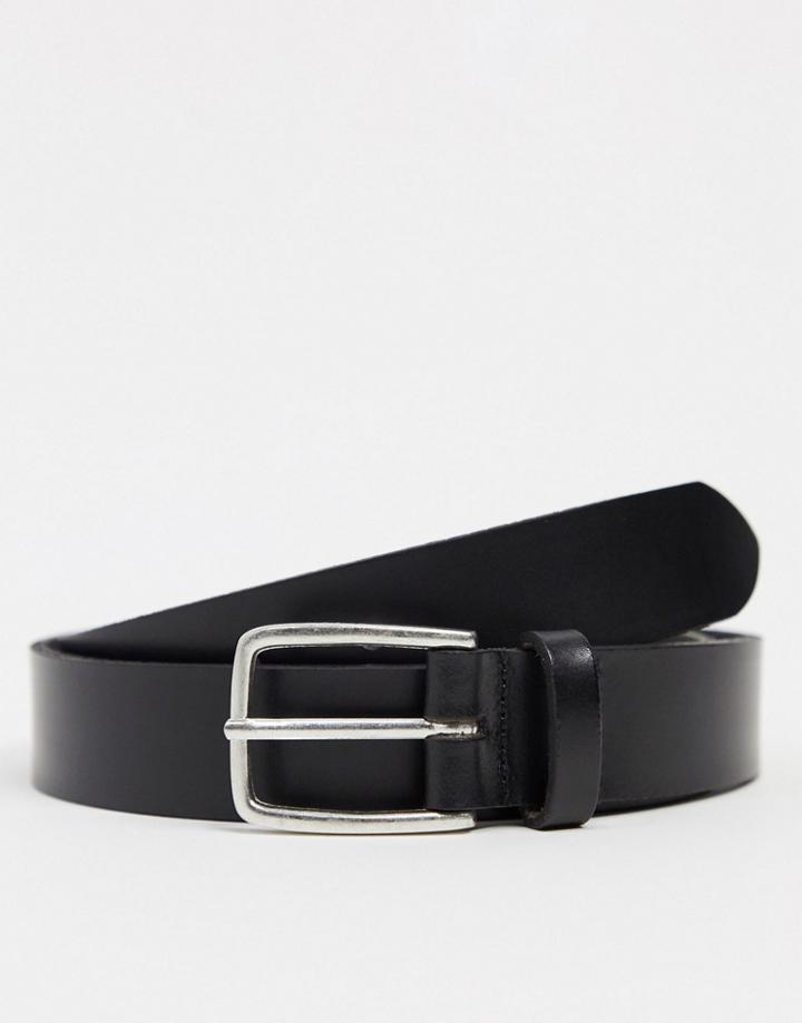 Asos Design Leather Slim Belt In Black With Square Silver Buckle