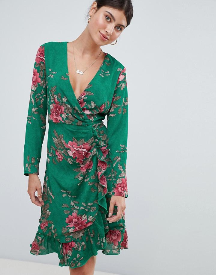Missguided Floral Tea Dress - Green