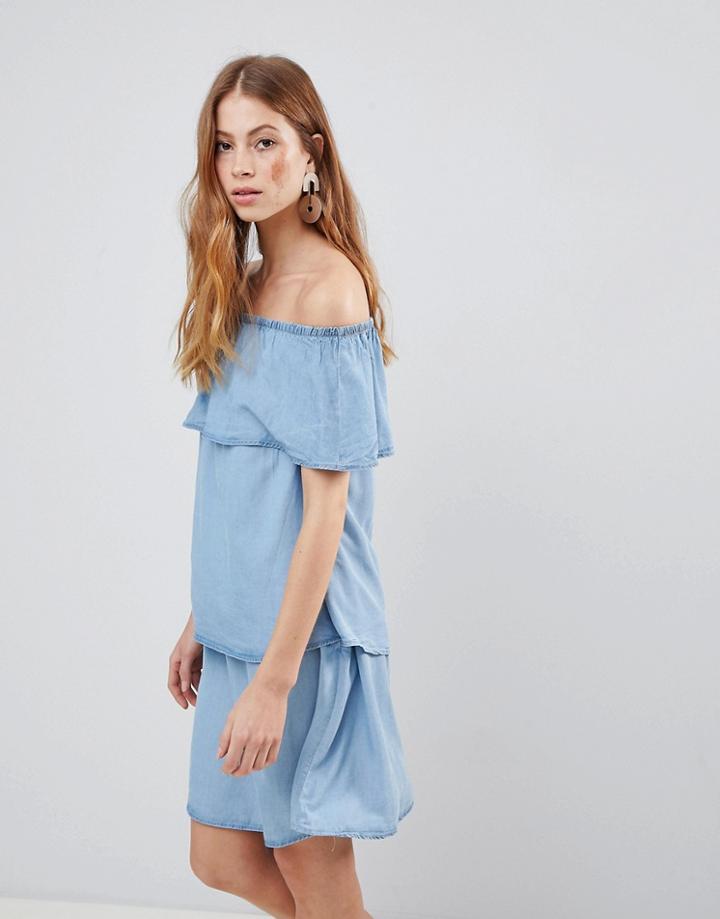 Vila Denim Tiered Off Shoulder Dress - Blue