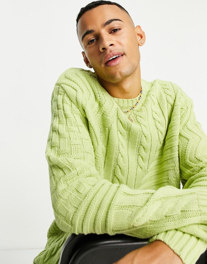 Asos Design Oversized Mixed Cable Knit Sweater In Mint Green