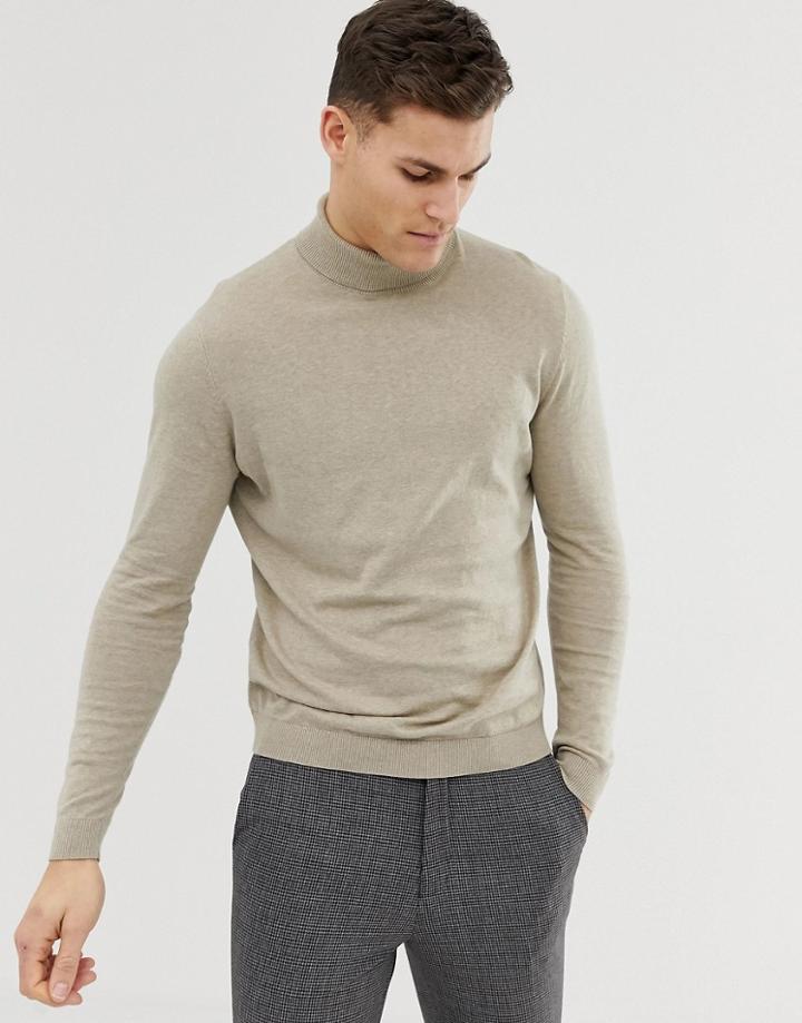 Asos Design Cotton Roll Neck Sweater In Oatmeal - Beige