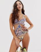 Asos Design Mesh Insert Frill Swimsuit In Mixed Tile Print - Multi