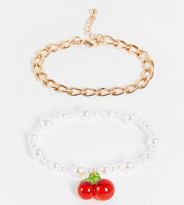 Reclaimed Vintage Inspired Bracelets With Cherry Charm In Faux Pearl And Gold 2 Pack