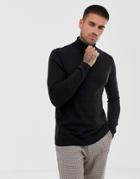 Asos Design Cotton Roll Neck Sweater In Black - Black