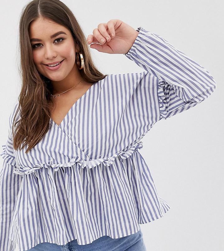 Boohoo Plus Ruffle Detail Peplum Blouse In Stripe - Multi