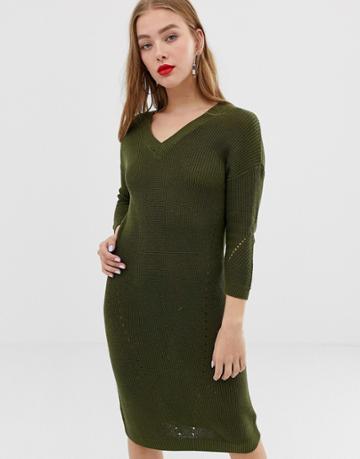 Noisy May V-neck Knitted Midi Dress In Green - Green