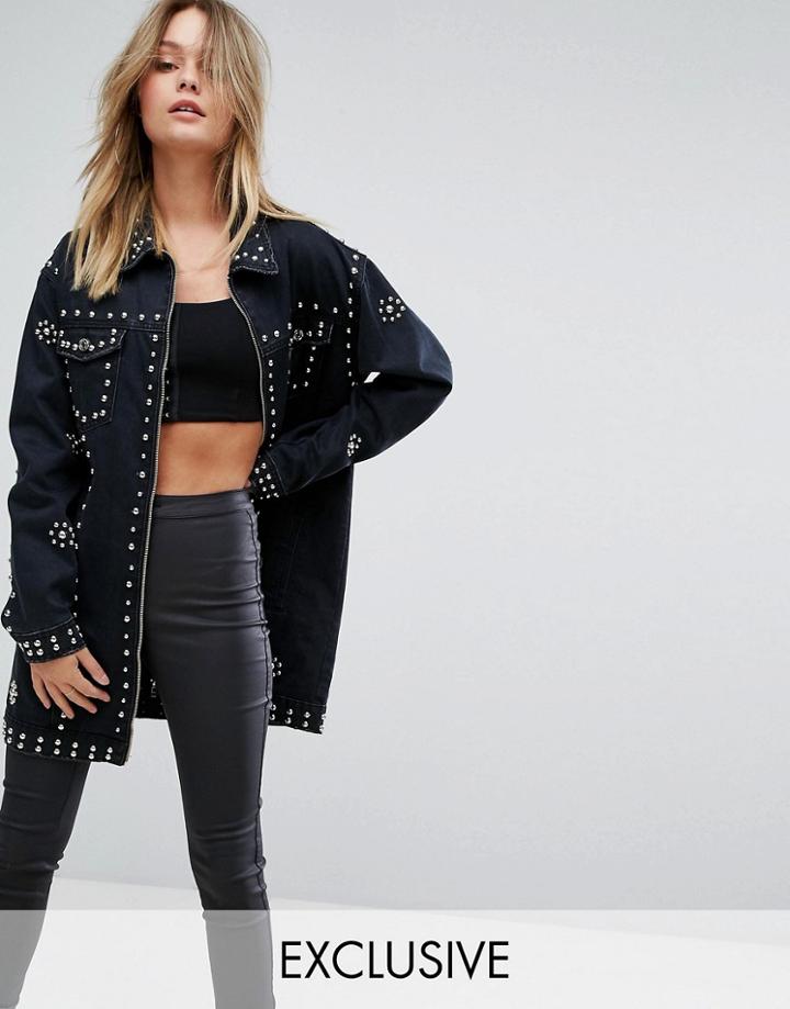 Missguided Longline Studded Denim Trucker Jacket - Black