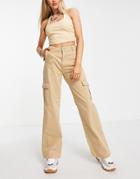 Pull & Bear High Waisted Straight Leg Cargo Pants In Sand-neutral