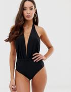 Miss Selfridge Exclusive Plunge Swimsuit With Buckle Detail In Black - Black