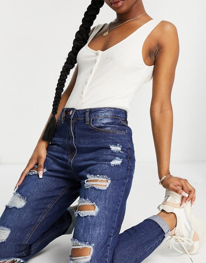 Parisian Distressed Boyfriend Jeans In Dark Blue-blues