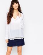 Vila Long Sleeve Top With Embriodered Hem - Snow White