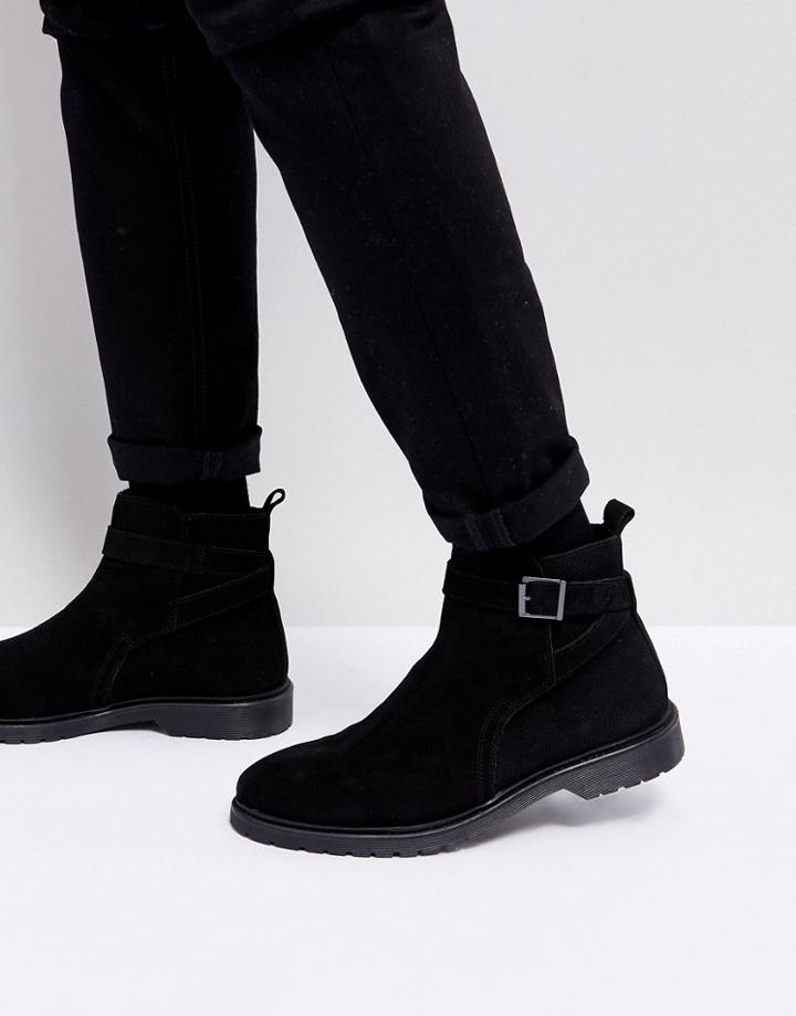 Asos Chelsea Boots In Black Leather With Strap Detail - Black