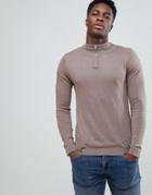 Asos Half Zip Cotton Sweater In Light Brown - Brown