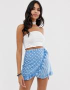 Motel Wrap Mini Skirt In Spot And Stripe Print-blue