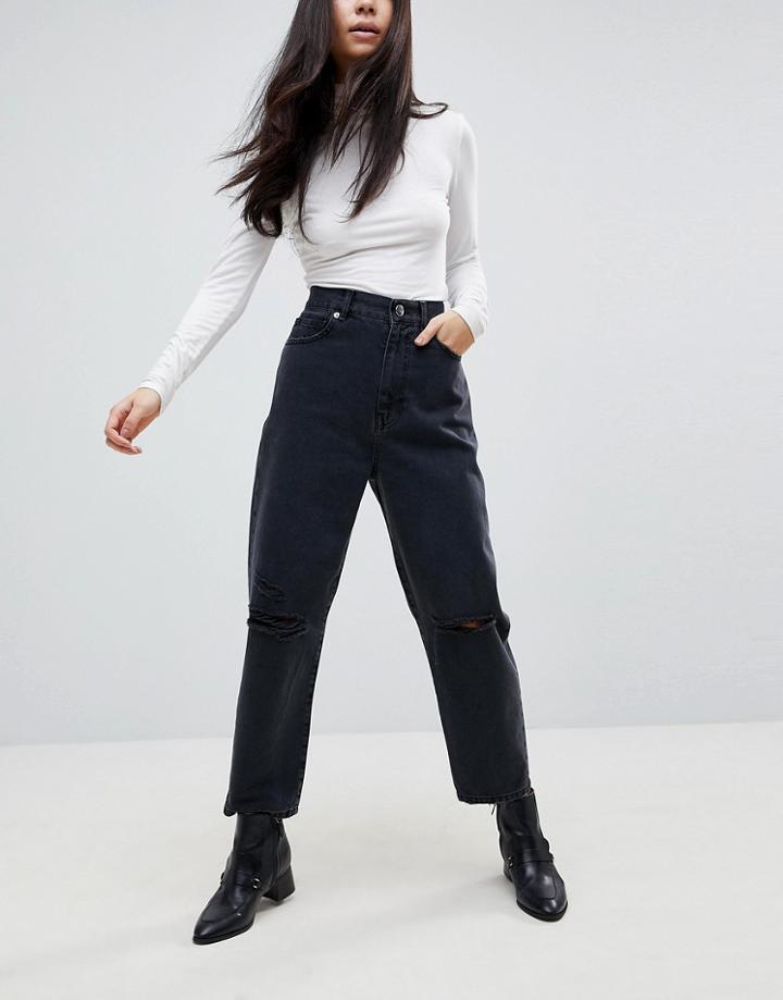 Asos Barrel Leg Boyfriend Jeans In Washed Black With Knee Rips - Black