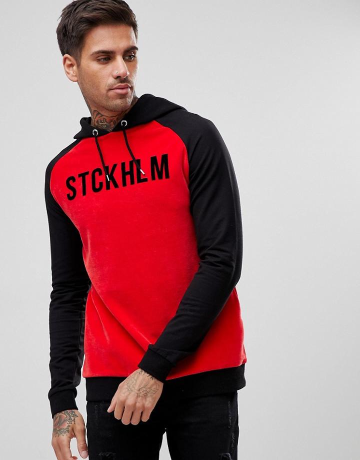 Asos Muscle Velour Hoodie With Contrast Sleeves & City Print - Black