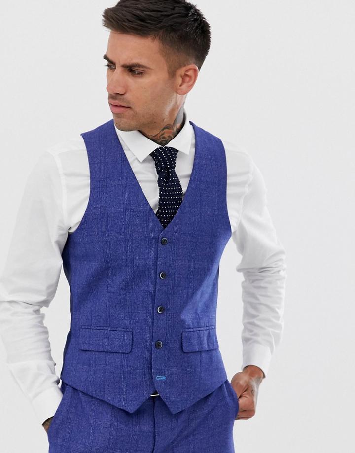 Harry Brown Slim Fit Mid Blue Burgundy Check Suit Vest - Blue