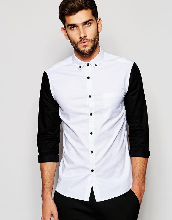 Asos Skinny Oxford Shirt With Contrast Sleeves And Buttons