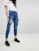 Kubban Raw Hem Distressed Hem Mom Jeans - Blue