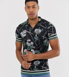Asos Design Tall Revere Collar Polo With All Over Floral Print - Black