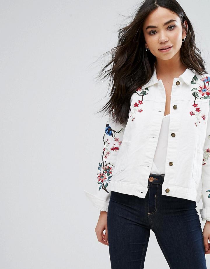 Qed London Flower And Bird Embroidered Denim Jacket - Cream