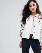 Qed London Flower And Bird Embroidered Denim Jacket - Cream