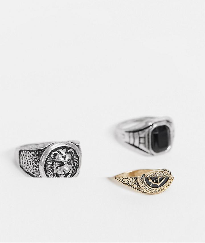 Asos Design 3 Pack Chunky Ring Set In Burnished Gold And Silver Tone-multi