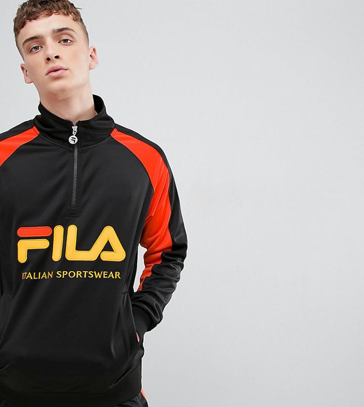 Fila 1/4 Zip Track Poly Tricot Sweatshirt With Large Logo In Black - Black