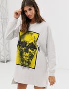 Religion Oversized Sweat Dress With Skull Graphics - Beige